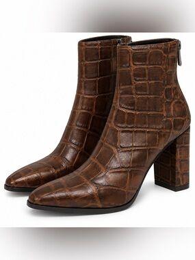 Brown Croc-Embossed Leather Ankle Boots - Women's FLORSHEIM 6